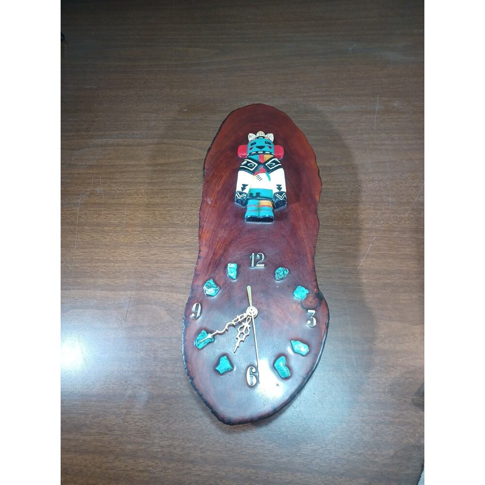 Vintage 1970’s Varnished Cypress Knee Slab Kachina Clock W/ Turquoise Stones